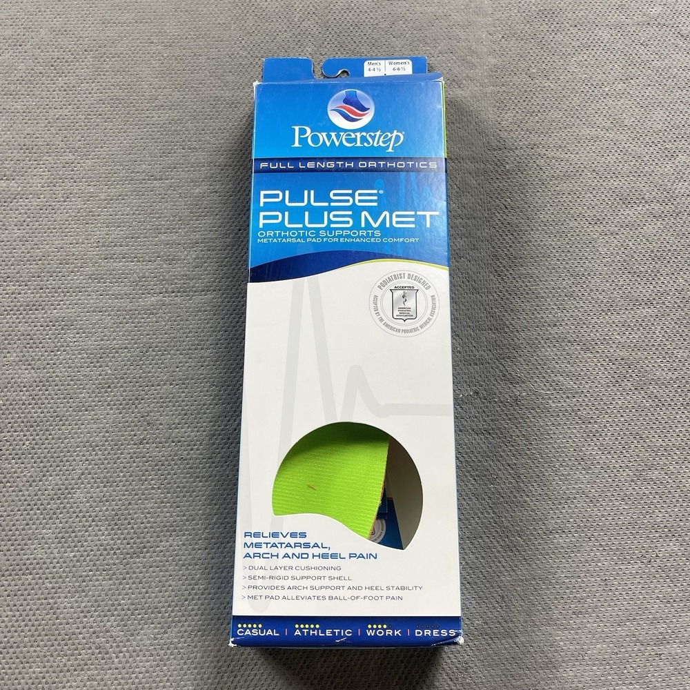 Powerstep Pulse Plus Met Insoles Womens 6-6.5 A Full Length Orthotics Support